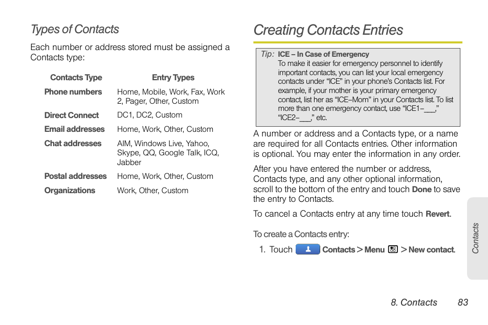 Types of contacts, Creating contacts entries | Motorola I1 User Manual | Page 93 / 151