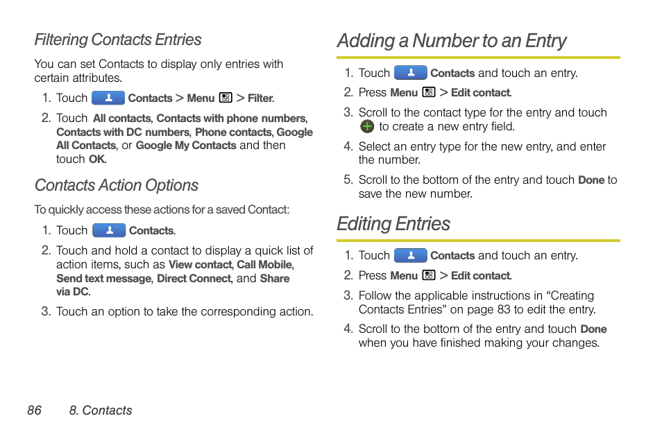 Filtering contacts entries, Contacts action options, Adding a number to an entry | Editing entries | Motorola I1 User Manual | Page 96 / 151