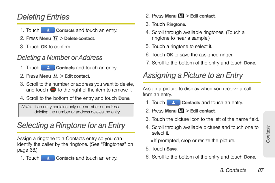 Deleting entries, Deleting a number or address, Selecting a ringtone for an entry | Assigning a picture to an entry | Motorola I1 User Manual | Page 97 / 151