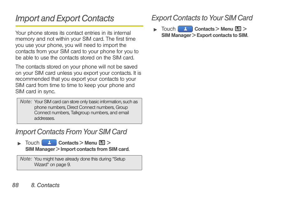 Import and export contacts, Import contacts from your sim card, Export contacts to your sim card | Motorola I1 User Manual | Page 98 / 151