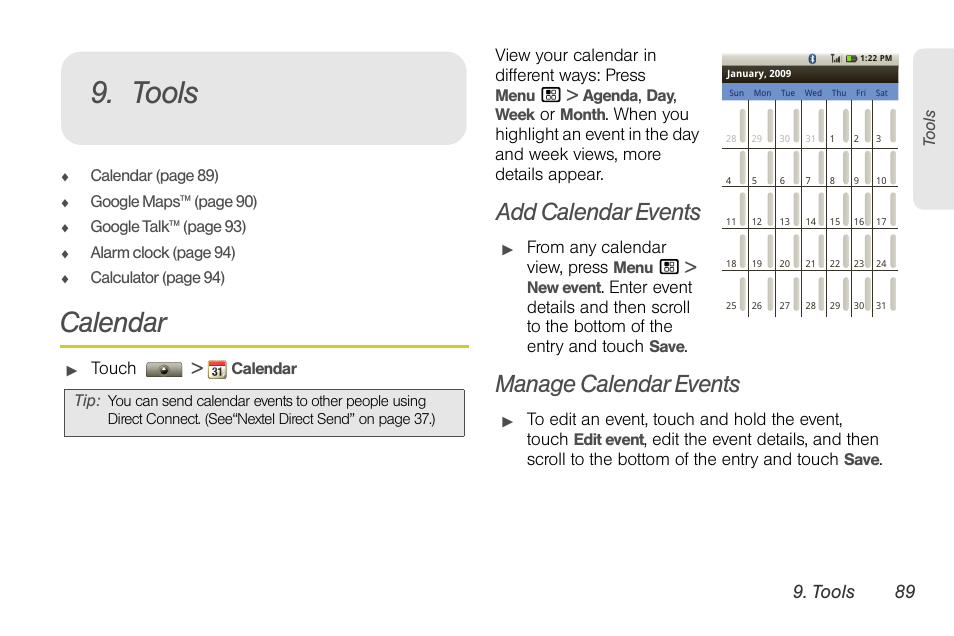 Tools, Calendar, Add calendar events | Manage calendar events, Tools 89 | Motorola I1 User Manual | Page 99 / 151