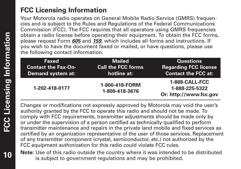 Fcc licensing infor mation, Fcc licensing information | Motorola T7450 User Manual | Page 11 / 41
