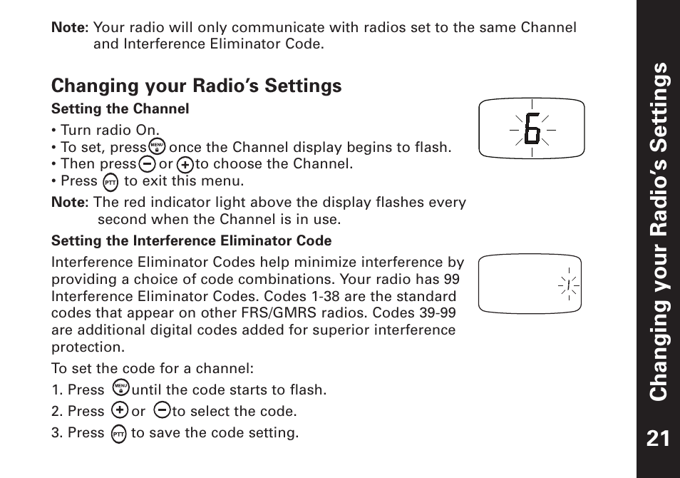 Changing your radio’ s settings 21, Changing your radio’s settings | Motorola T7450 User Manual | Page 22 / 41