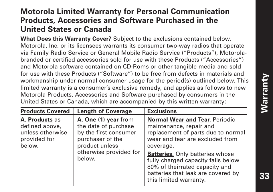 War ranty 33 | Motorola T7450 User Manual | Page 34 / 41