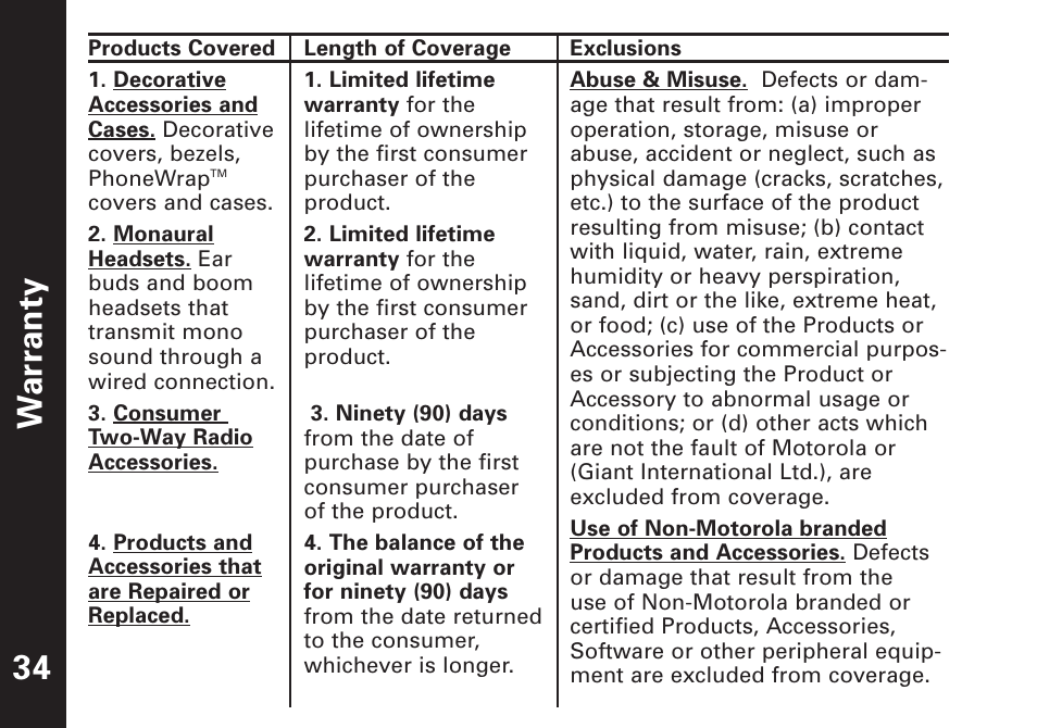 War ranty 34 | Motorola T7450 User Manual | Page 35 / 41