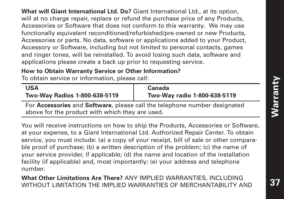 War ranty 37 | Motorola T7450 User Manual | Page 38 / 41