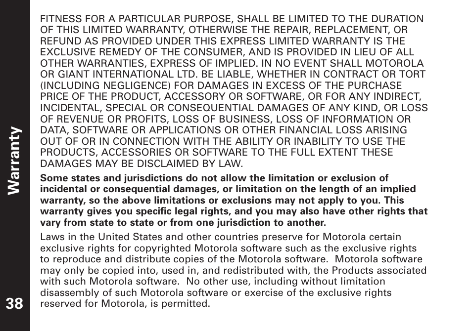 War ranty 38 | Motorola T7450 User Manual | Page 39 / 41