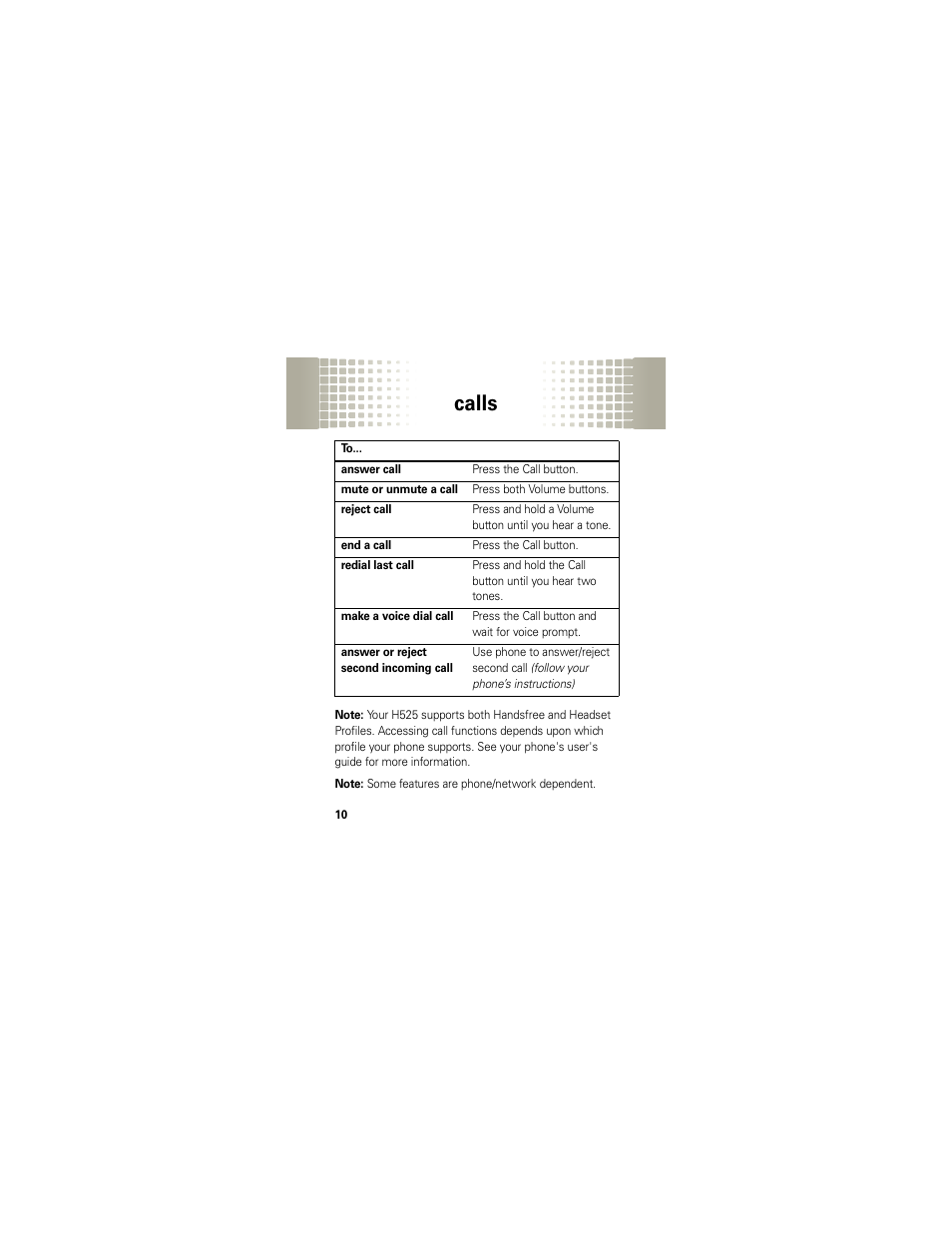 Calls | Motorola H525 User Manual | Page 12 / 94