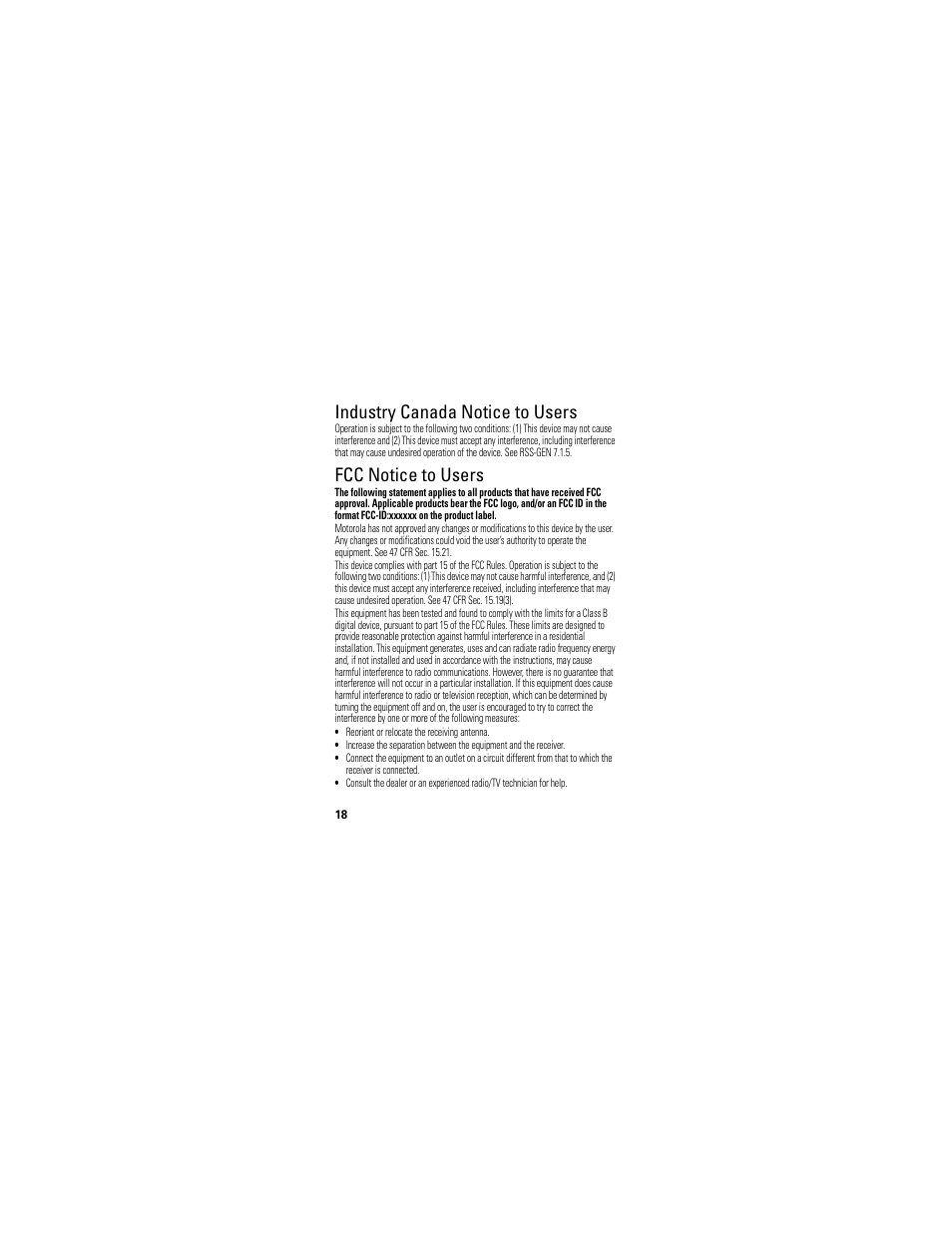 Industry canada notice to users, Fcc notice to users | Motorola H525 User Manual | Page 20 / 94