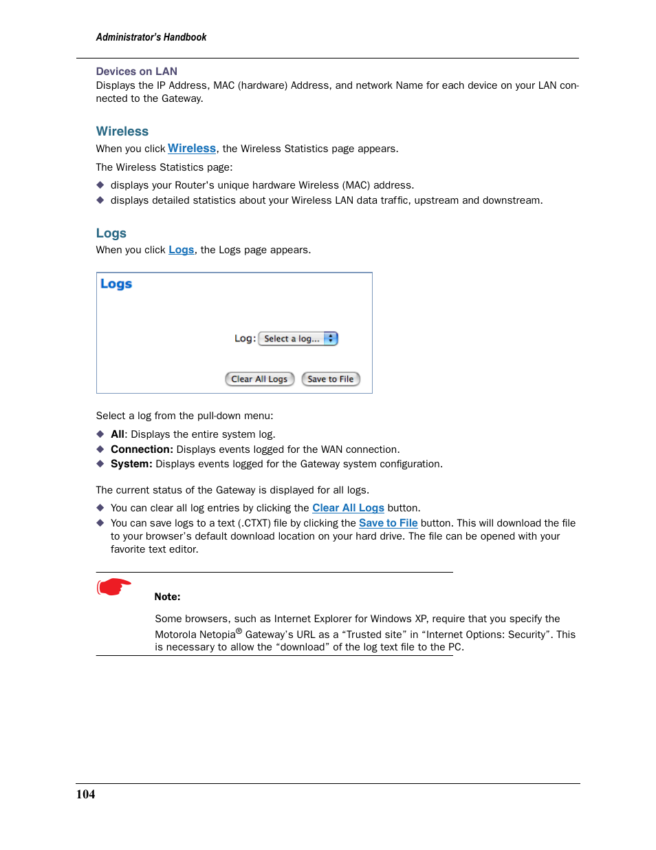 Wireless, Logs, Wireless logs | Motorola Netopia 3397GP User Manual | Page 104 / 254