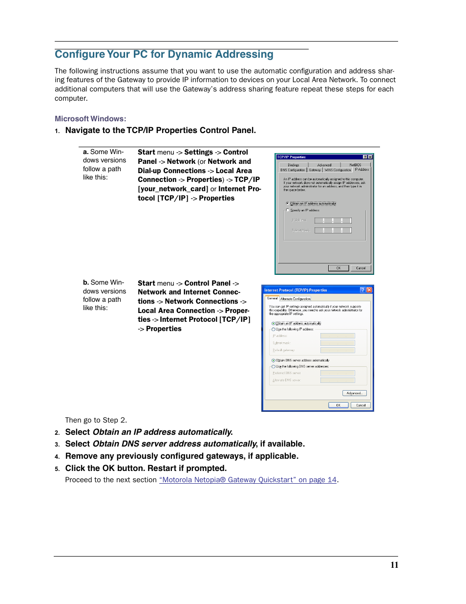 Configure your pc for dynamic addressing, Conﬁgure your pc for dynamic addressing | Motorola Netopia 3397GP User Manual | Page 11 / 254
