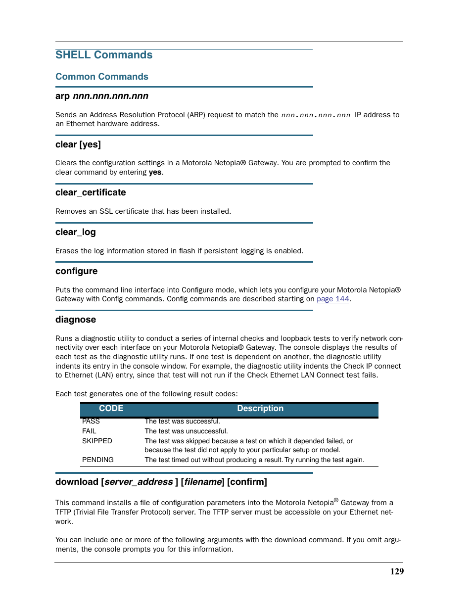 Shell commands, Common commands | Motorola Netopia 3397GP User Manual | Page 129 / 254