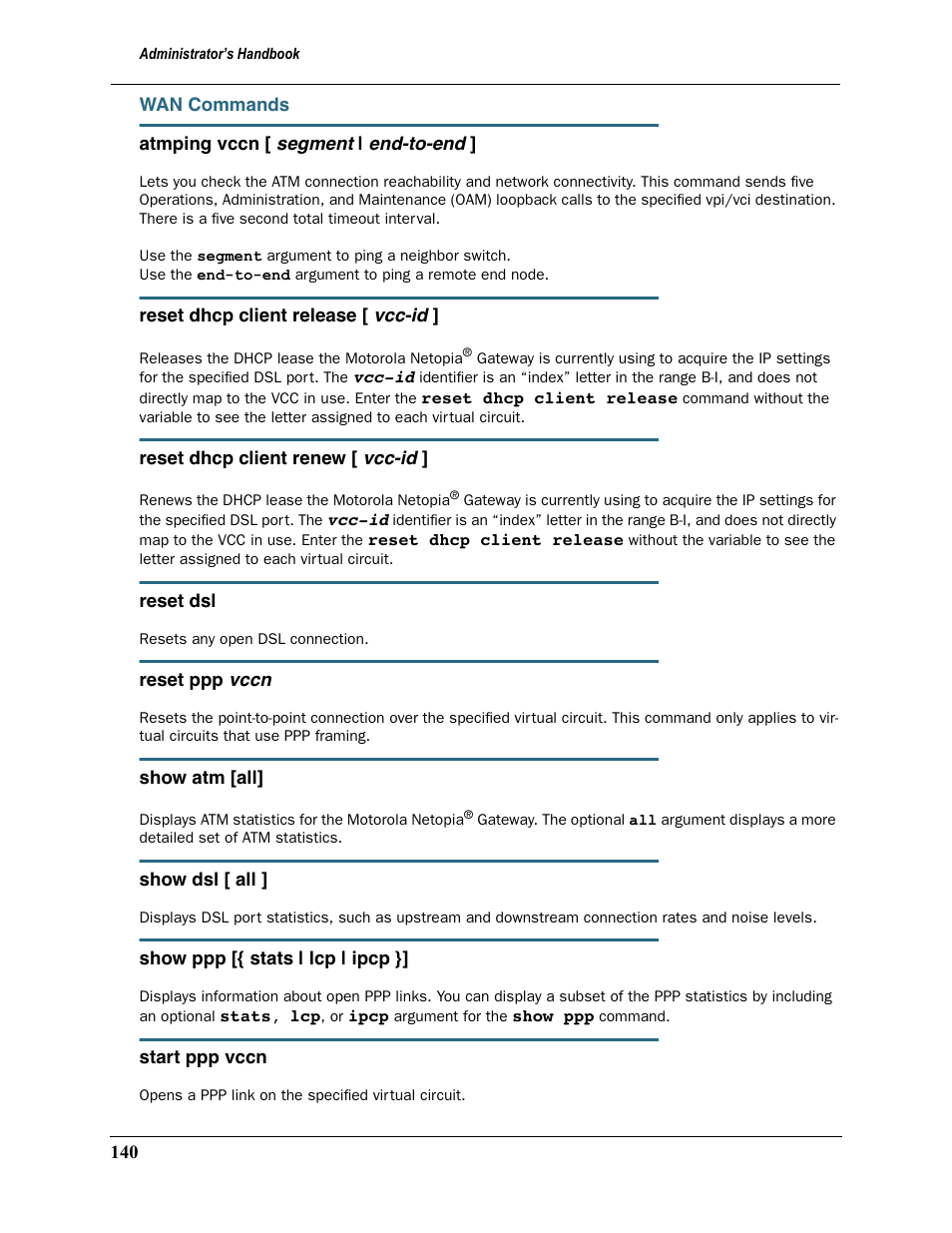 Wan commands | Motorola Netopia 3397GP User Manual | Page 140 / 254