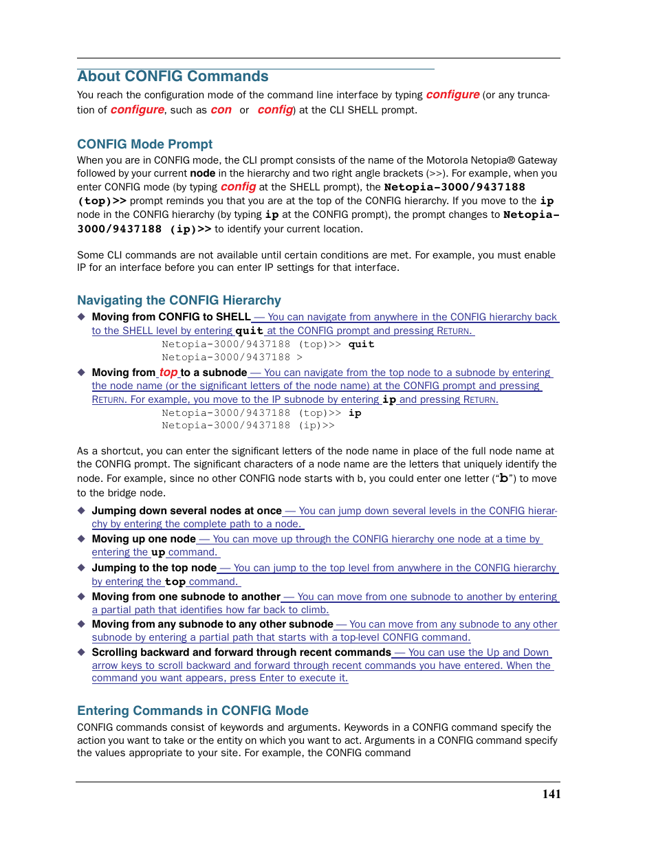 About config commands, Config mode prompt, Navigating the config hierarchy | Entering commands in config mode | Motorola Netopia 3397GP User Manual | Page 141 / 254
