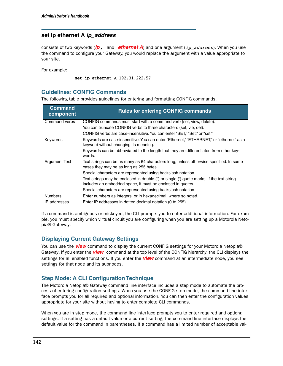 Guidelines: config commands, Displaying current gateway settings, Step mode: a cli configuration technique | Motorola Netopia 3397GP User Manual | Page 142 / 254
