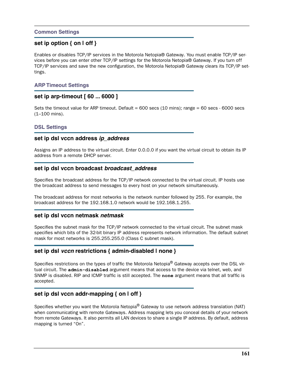 Ed in the cli. see the command, Set ip dsl vccn restrictions { admin-dis | Motorola Netopia 3397GP User Manual | Page 161 / 254