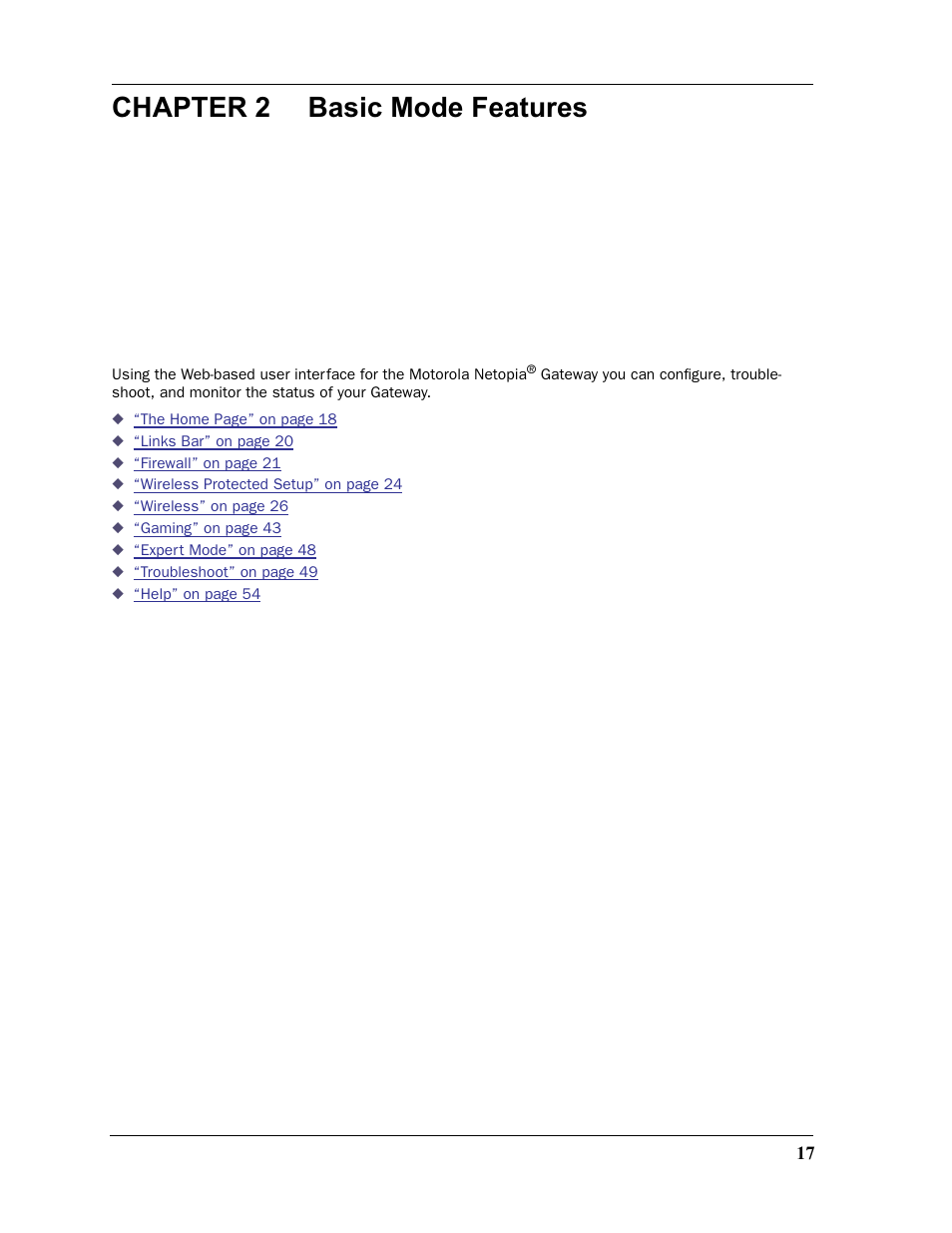 Chapter 2 basic mode features, Chapter 2 | Motorola Netopia 3397GP User Manual | Page 17 / 254