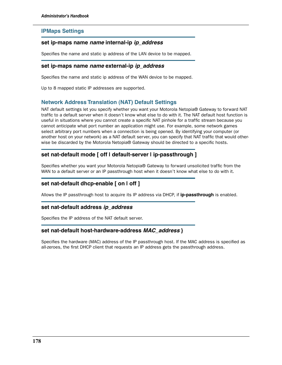 Ipmaps settings, Network address translation (nat) default settings | Motorola Netopia 3397GP User Manual | Page 178 / 254