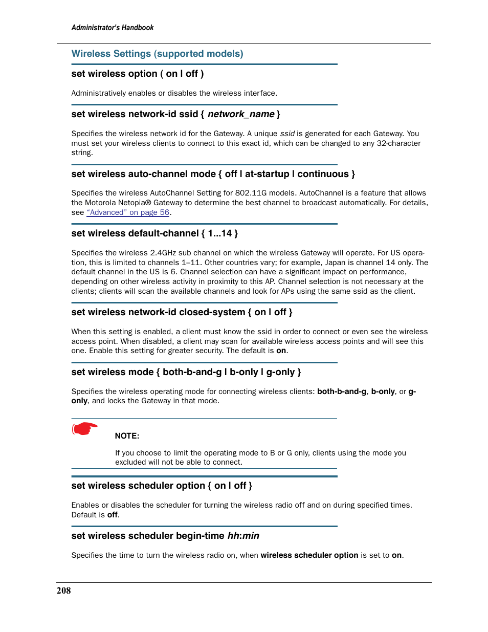 Wireless settings (supported models) | Motorola Netopia 3397GP User Manual | Page 208 / 254