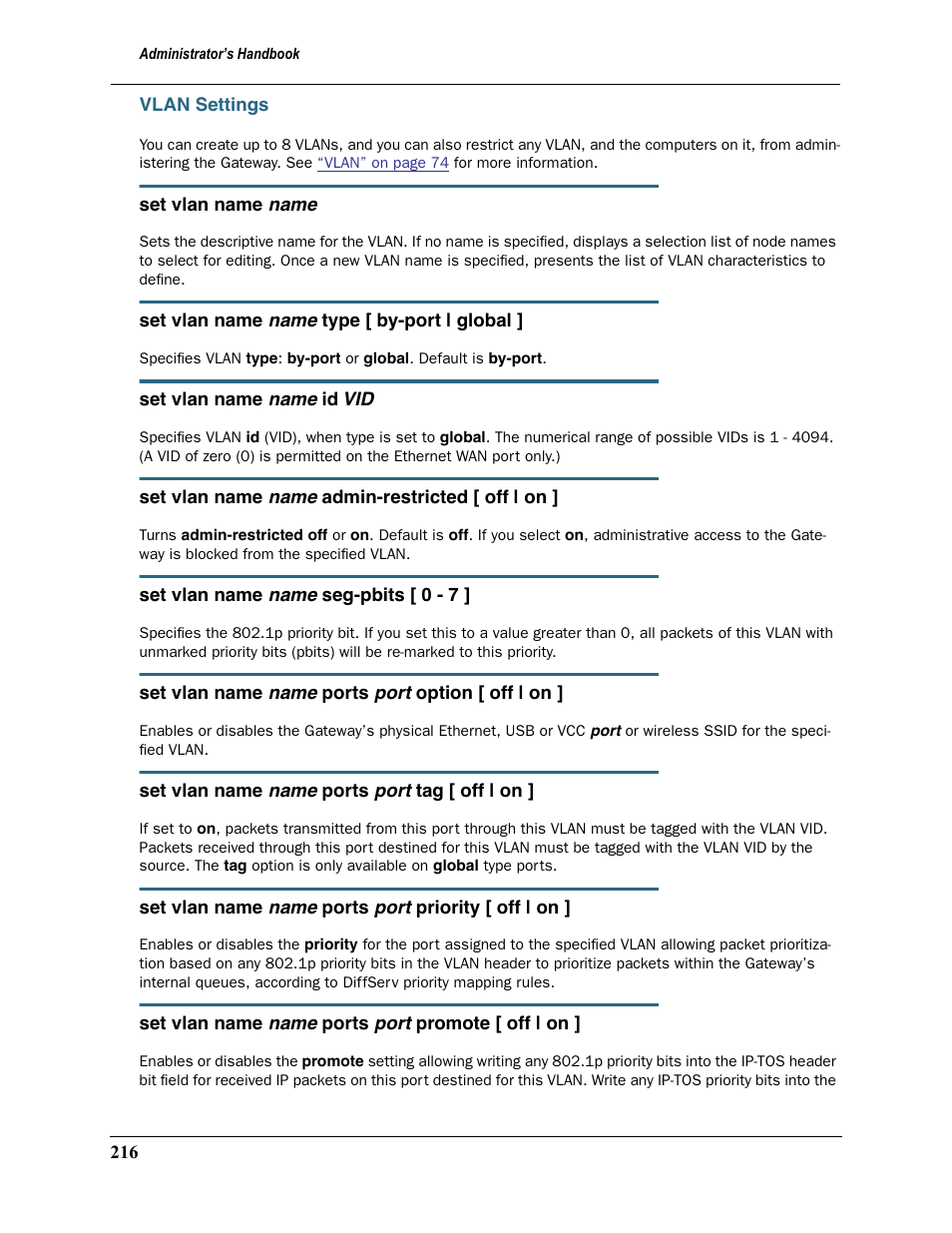 Vlan settings | Motorola Netopia 3397GP User Manual | Page 216 / 254
