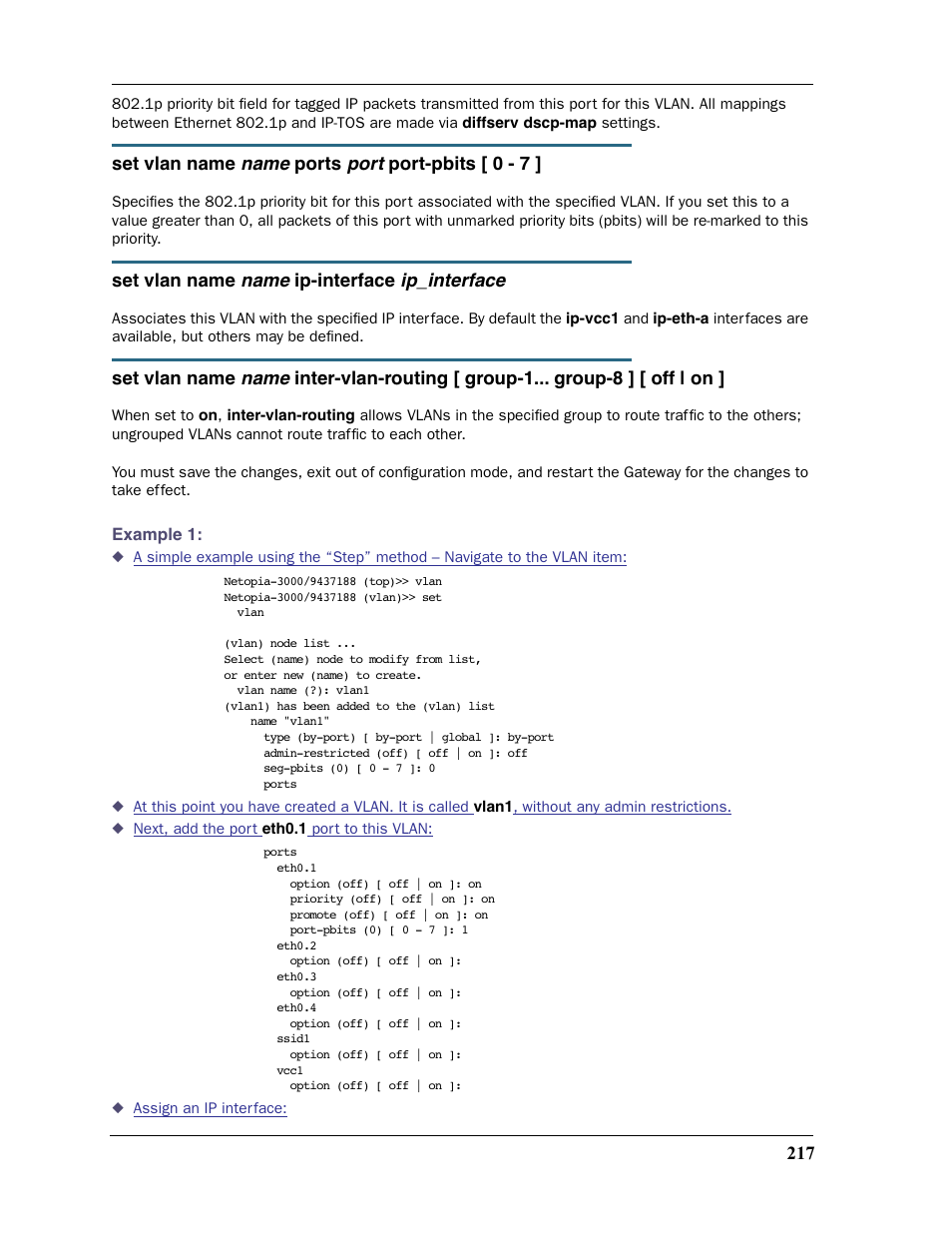 Name, Port, Ip_interface | Set vlan name, Ports, Port-pbits [ 0 - 7, Ip-interface | Motorola Netopia 3397GP User Manual | Page 217 / 254