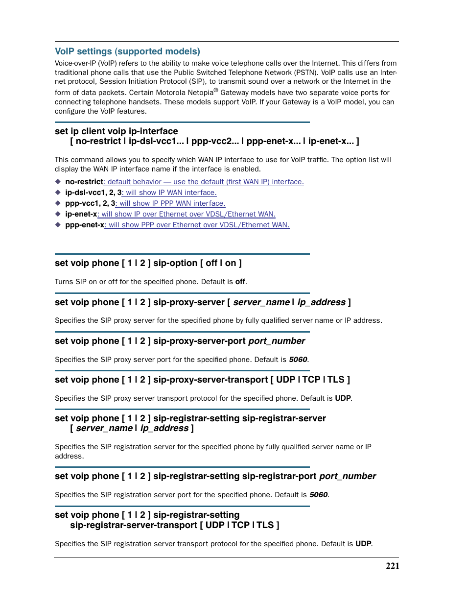 Voip settings (supported models), Ding path via cli. see | Motorola Netopia 3397GP User Manual | Page 221 / 254