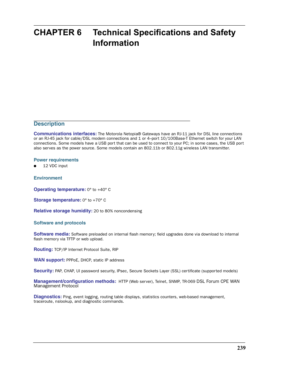 Description, Power requirements, Environment | Software and protocols, Chapter 6 | Motorola Netopia 3397GP User Manual | Page 239 / 254