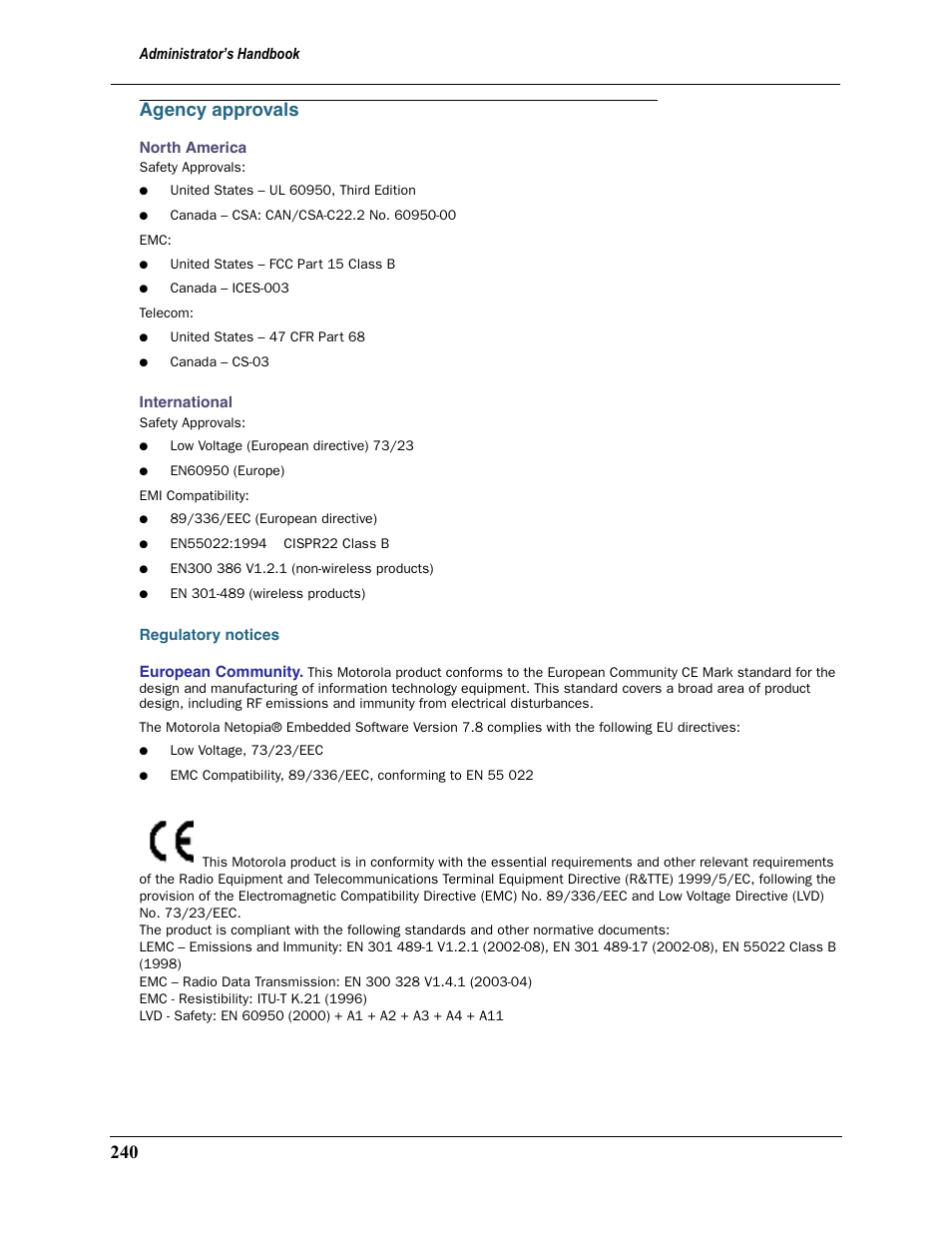 Agency approvals, Regulatory notices, 240 agency approvals | Motorola Netopia 3397GP User Manual | Page 240 / 254