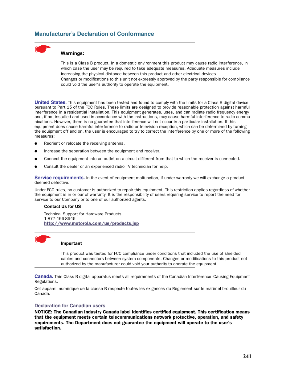 Manufacturer’s declaration of conformance | Motorola Netopia 3397GP User Manual | Page 241 / 254