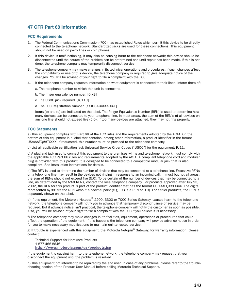 47 cfr part 68 information, Fcc requirements, Fcc statements | Fcc requirements fcc statements | Motorola Netopia 3397GP User Manual | Page 243 / 254