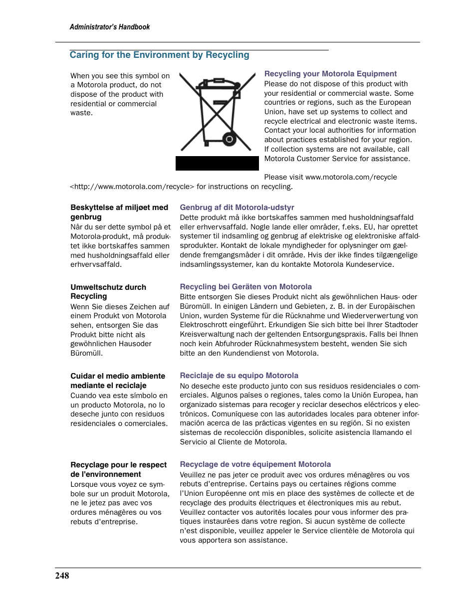 Caring for the environment by recycling, Beskyttelse af miljøet med genbrug, Umweltschutz durch recycling | Cuidar el medio ambiente mediante el reciclaje, Recyclage pour le respect de l'environnement | Motorola Netopia 3397GP User Manual | Page 248 / 254