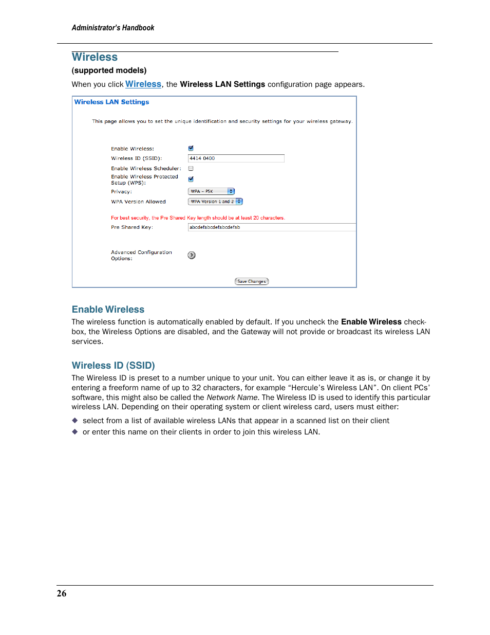 Wireless, Enable wireless, Wireless id (ssid) | Enable wireless wireless id (ssid) | Motorola Netopia 3397GP User Manual | Page 26 / 254