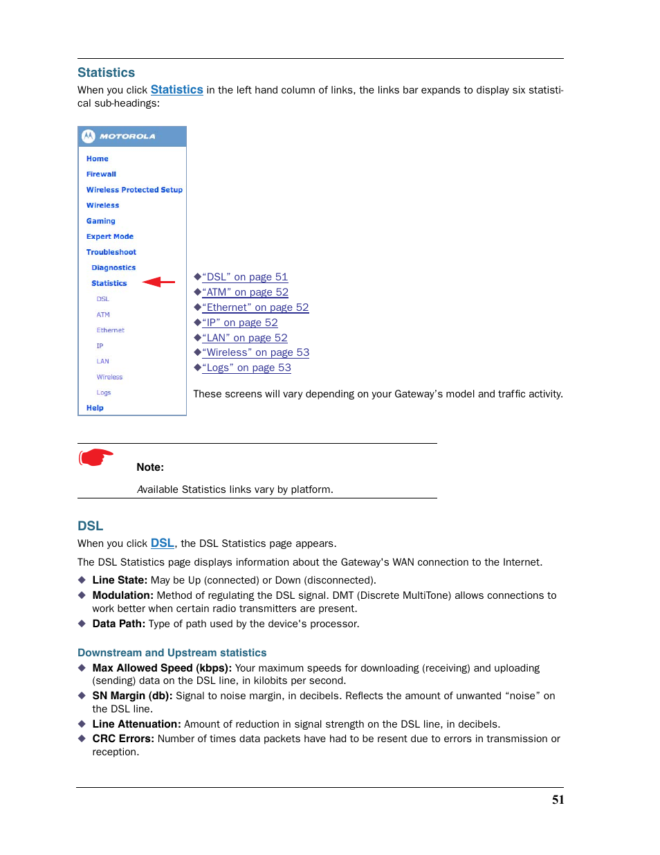 Statistics, Statistics dsl | Motorola Netopia 3397GP User Manual | Page 51 / 254