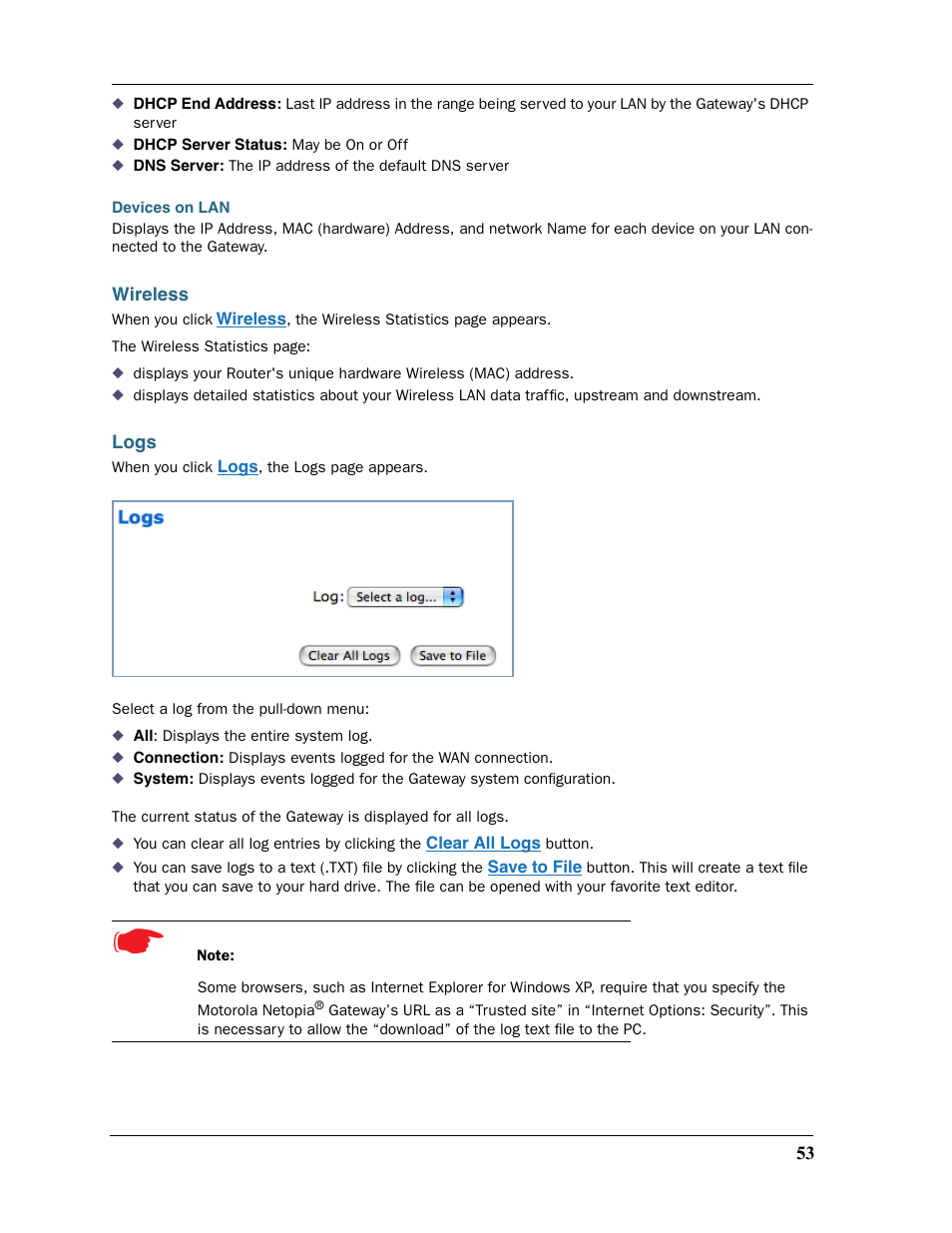 Wireless, Logs, Wireless logs | Motorola Netopia 3397GP User Manual | Page 53 / 254