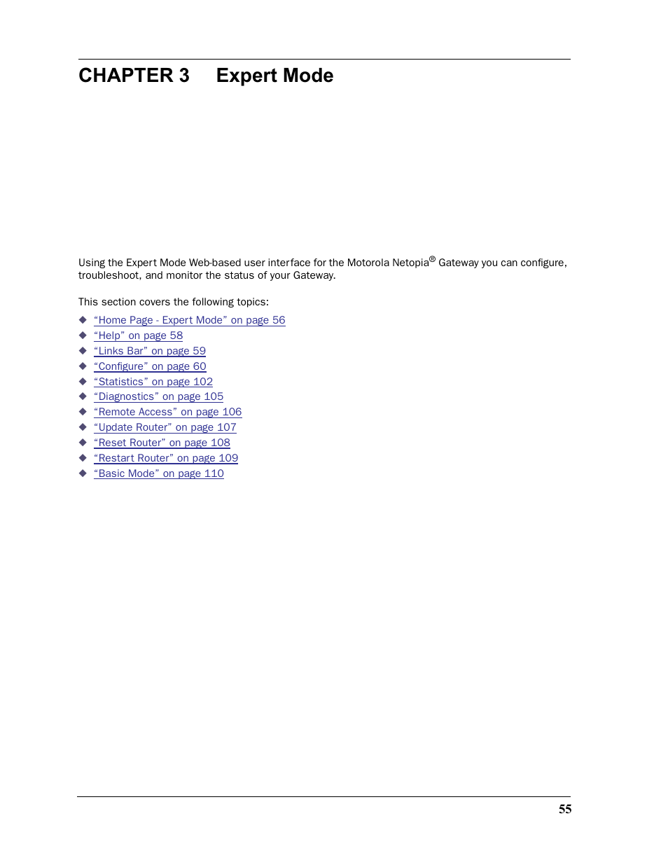Chapter 3 expert mode, Chapter 3, Expert | Exper t mode” on | Motorola Netopia 3397GP User Manual | Page 55 / 254