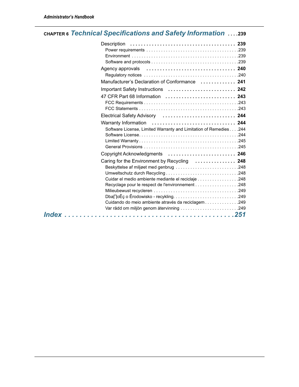 Technical specifications and safety information, Index | Motorola Netopia 3397GP User Manual | Page 6 / 254