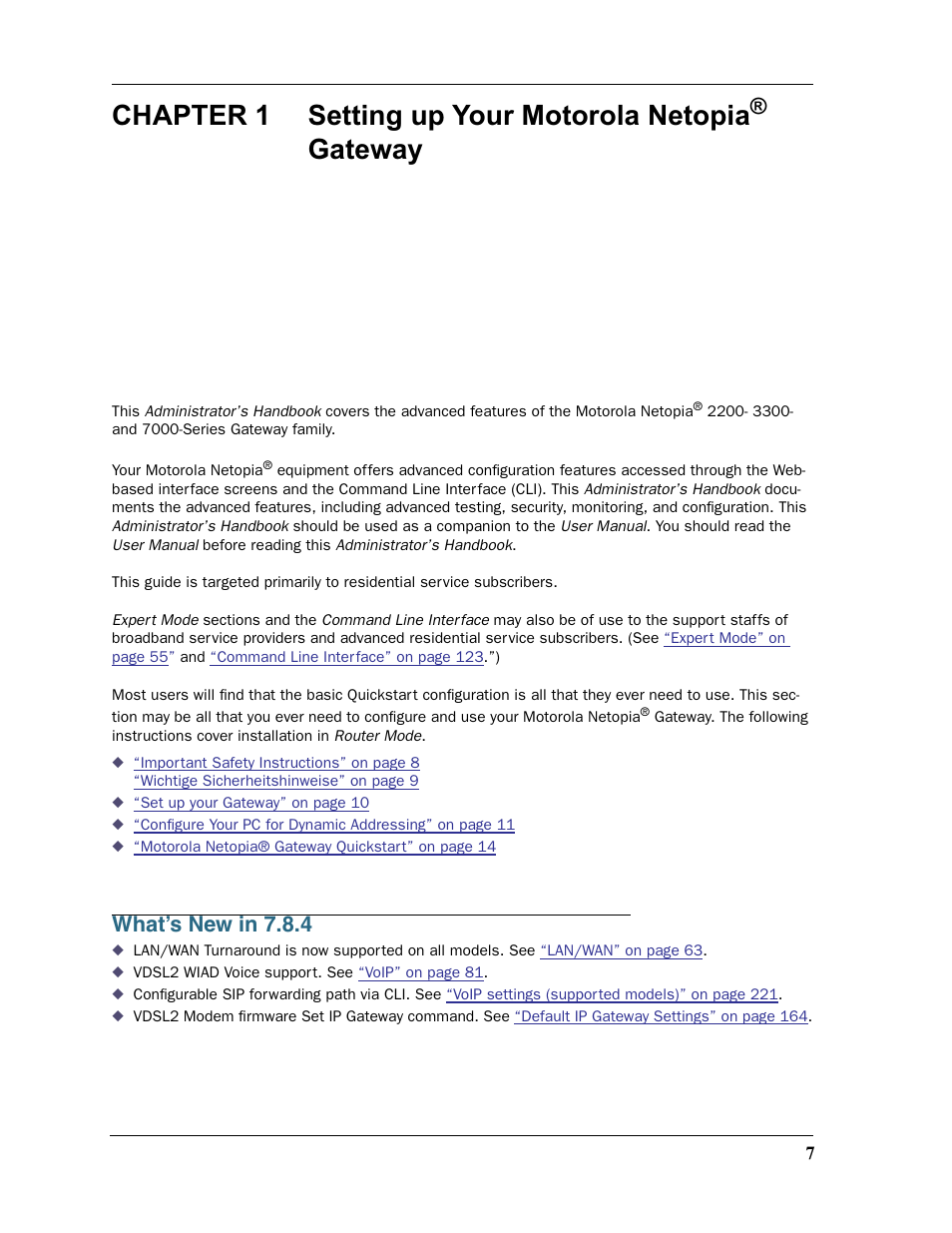 What’s new in 7.8.4, Chapter 1, Chapter 1 setting up your motorola netopia | Gateway | Motorola Netopia 3397GP User Manual | Page 7 / 254