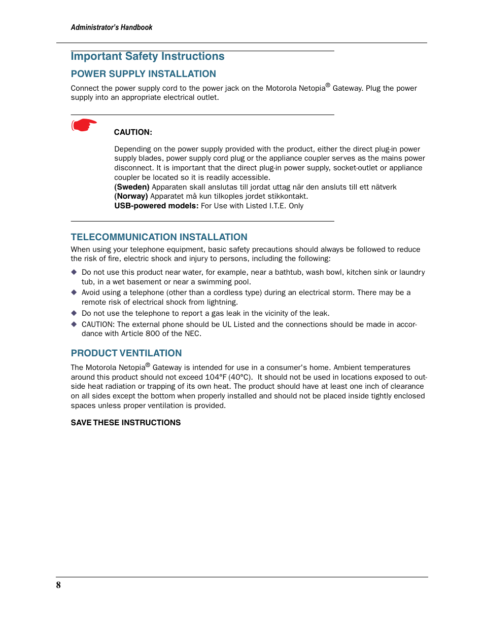 Important safety instructions, Power supply installation, Telecommunication installation | Product ventilation | Motorola Netopia 3397GP User Manual | Page 8 / 254