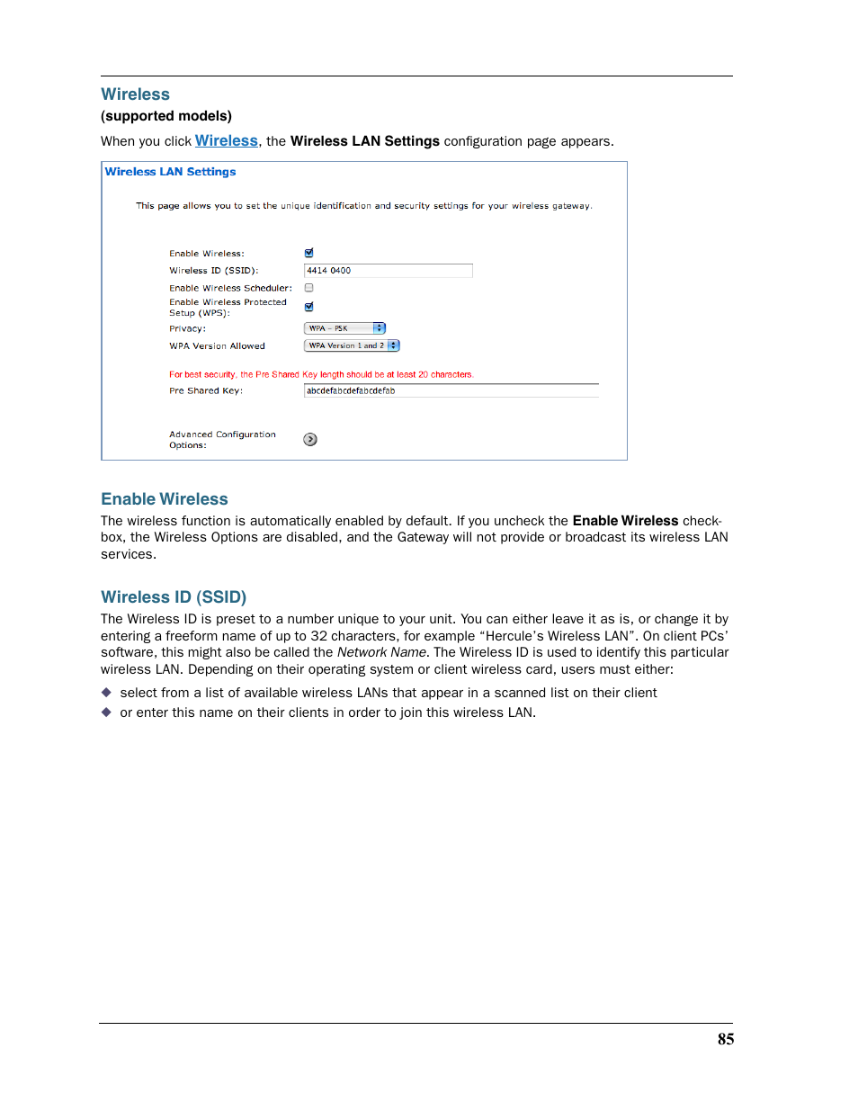 Wireless, Enable wireless, Wireless id (ssid) | Wireless enable wireless wireless id (ssid) | Motorola Netopia 3397GP User Manual | Page 85 / 254