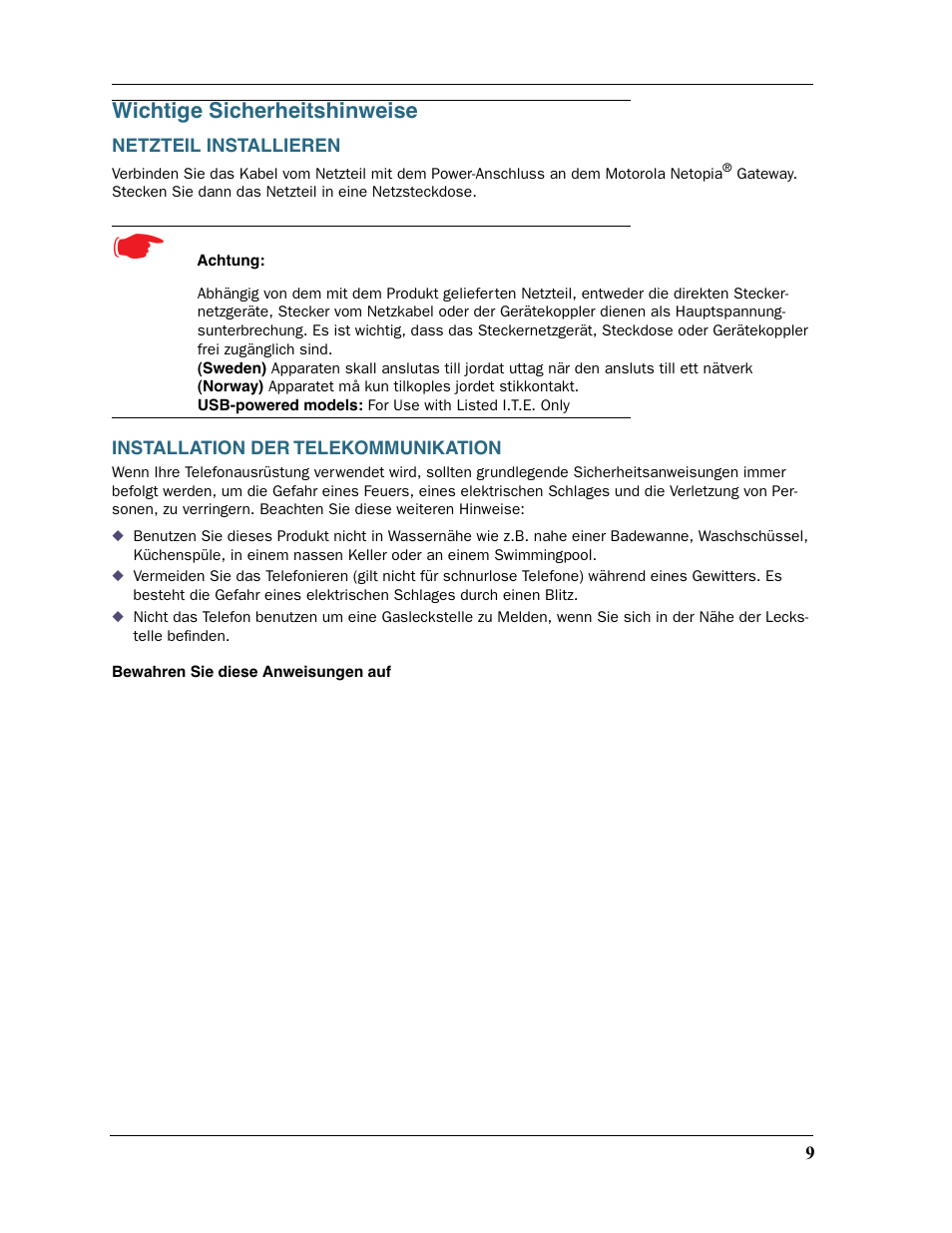 Wichtige sicherheitshinweise, Netzteil installieren, Installation der telekommunikation | Motorola Netopia 3397GP User Manual | Page 9 / 254