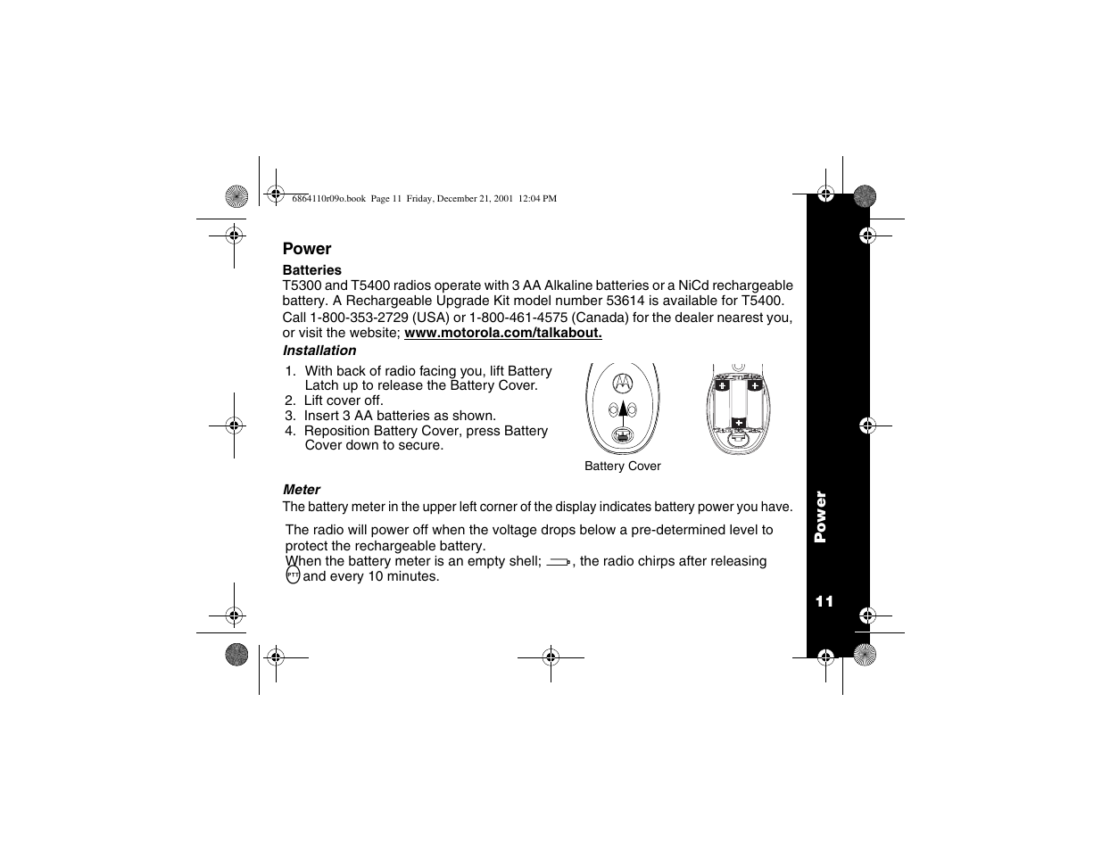 Power, Battery installation, Battery meter | Motorola T5300 User Manual | Page 15 / 36