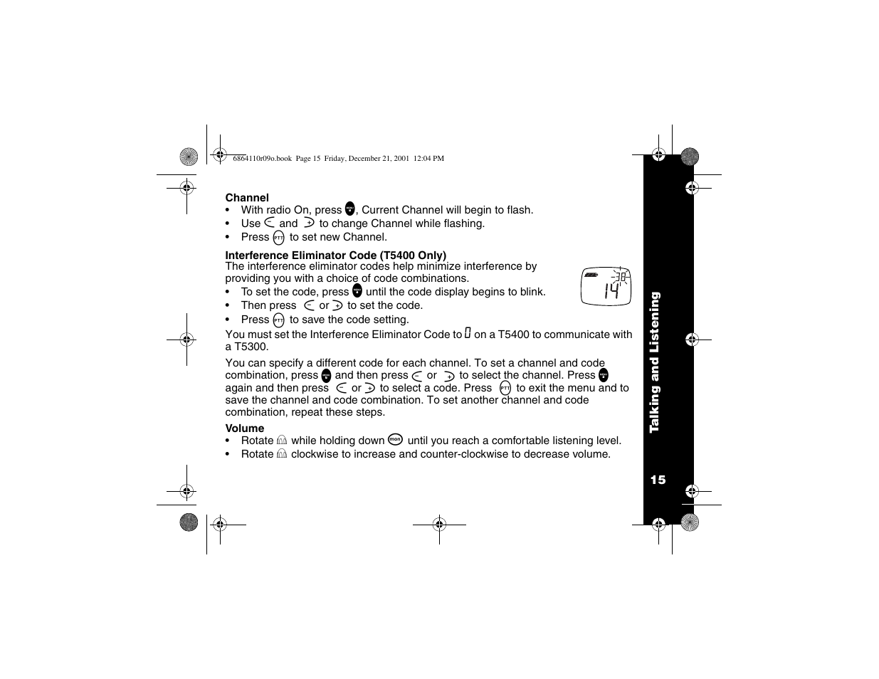 Channel, Interference eliminator code, Volume | Motorola T5300 User Manual | Page 19 / 36