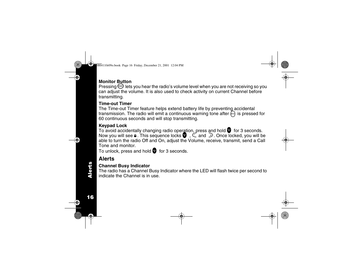 Monitor button, Time-out timer, Keypad lock | Alerts, Channel busy indicator | Motorola T5300 User Manual | Page 20 / 36