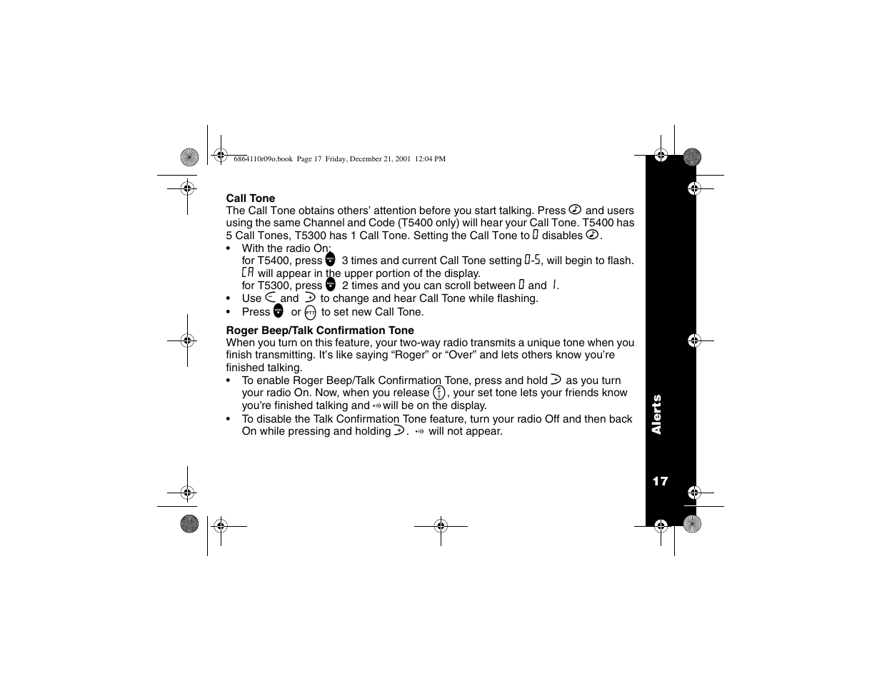 Call tone, Roger beep/talk confirmation | Motorola T5300 User Manual | Page 21 / 36