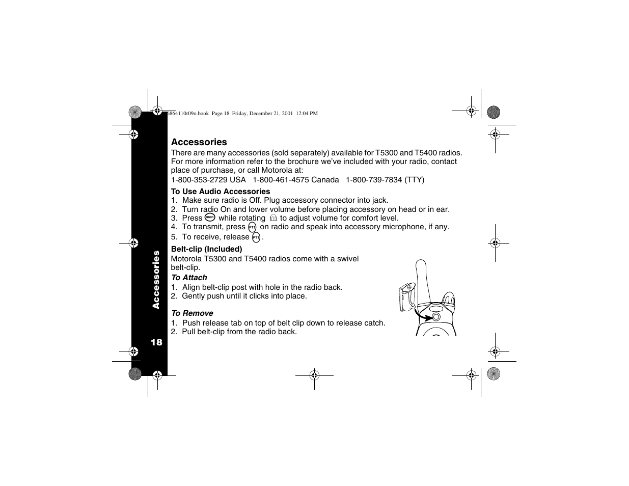 Accessories, Using audio accessories, Belt clip | Motorola T5300 User Manual | Page 22 / 36