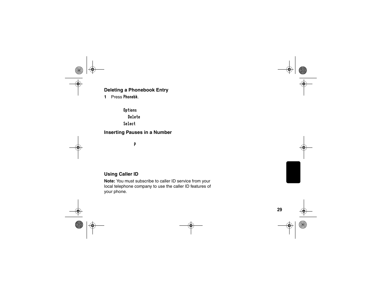 Deleting a phonebook entry, Inserting pauses in a number, Using caller id | Motorola SD4580 User Manual | Page 42 / 71