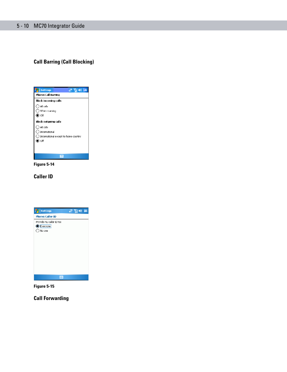 Call barring (call blocking), Caller id, Call forwarding | Ng calls | Motorola ENTERPRISE DIGITAL ASSISTANT MC70 User Manual | Page 100 / 208