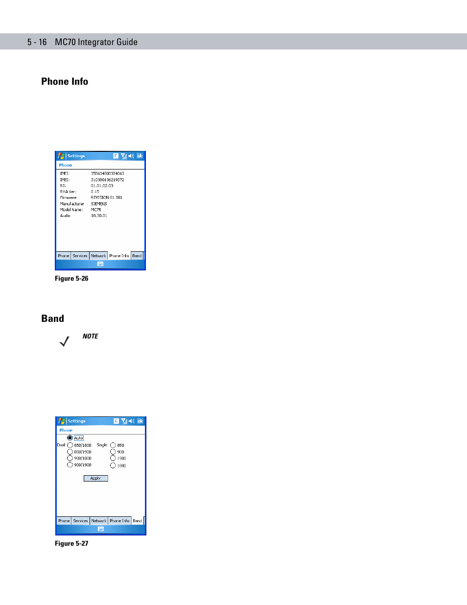 Phone info, Band, Phone info -16 band -16 | Motorola ENTERPRISE DIGITAL ASSISTANT MC70 User Manual | Page 106 / 208