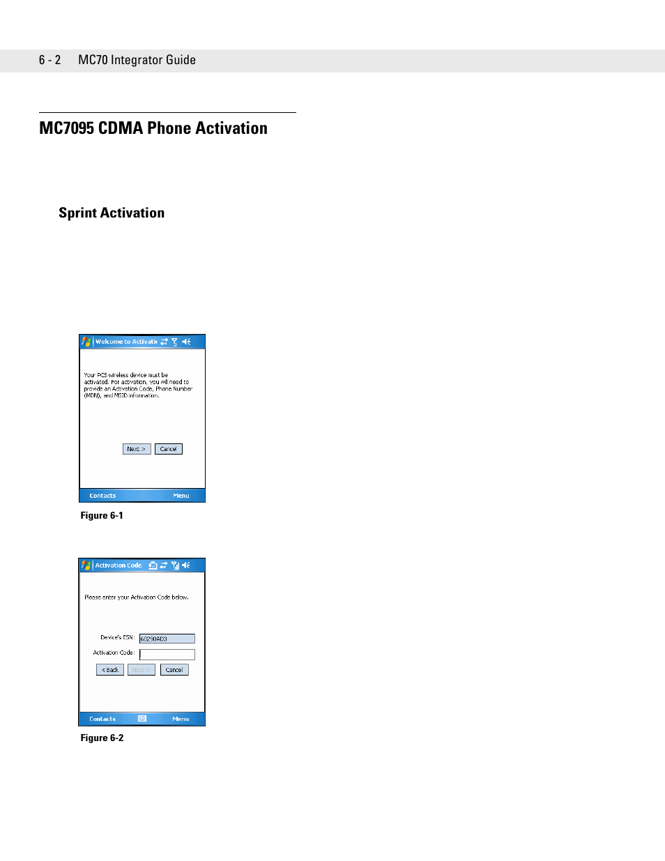 Mc7095 cdma phone activation, Sprint activation, Mc7095 cdma phone activation -2 | Sprint activation -2 | Motorola ENTERPRISE DIGITAL ASSISTANT MC70 User Manual | Page 110 / 208