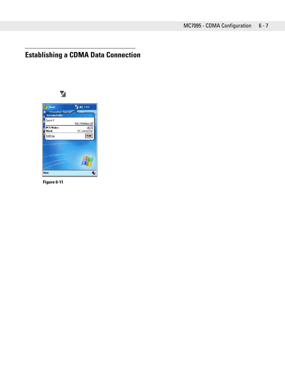 Establishing a cdma data connection, Establishing a cdma data connection -7 | Motorola ENTERPRISE DIGITAL ASSISTANT MC70 User Manual | Page 115 / 208